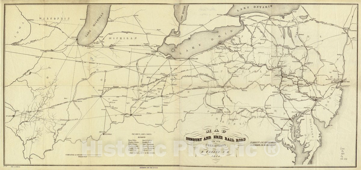 Historic 1854 Map - Map of The Sunbury and Erie Rail Road and its Connections; P. Jarrett, Eng. Eastern Division, J. L. Randolph, Eng. Western Division, R. Faries, C.E.