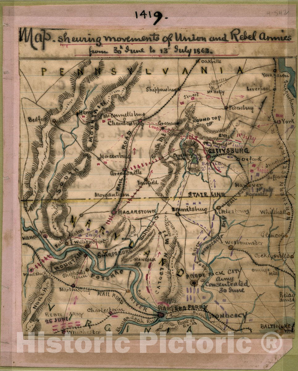 Historic 1863 Map - Map shewing sic Movements of Union and Rebel Armies from 30th June to 13th July 1863.