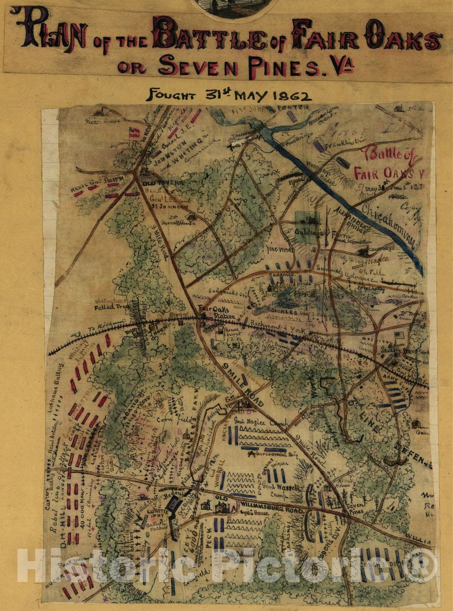 Historic 1861 Map - Plan of The Battle of Fair Oaks or Seven Pines, Va. Fought 31st May 1862.