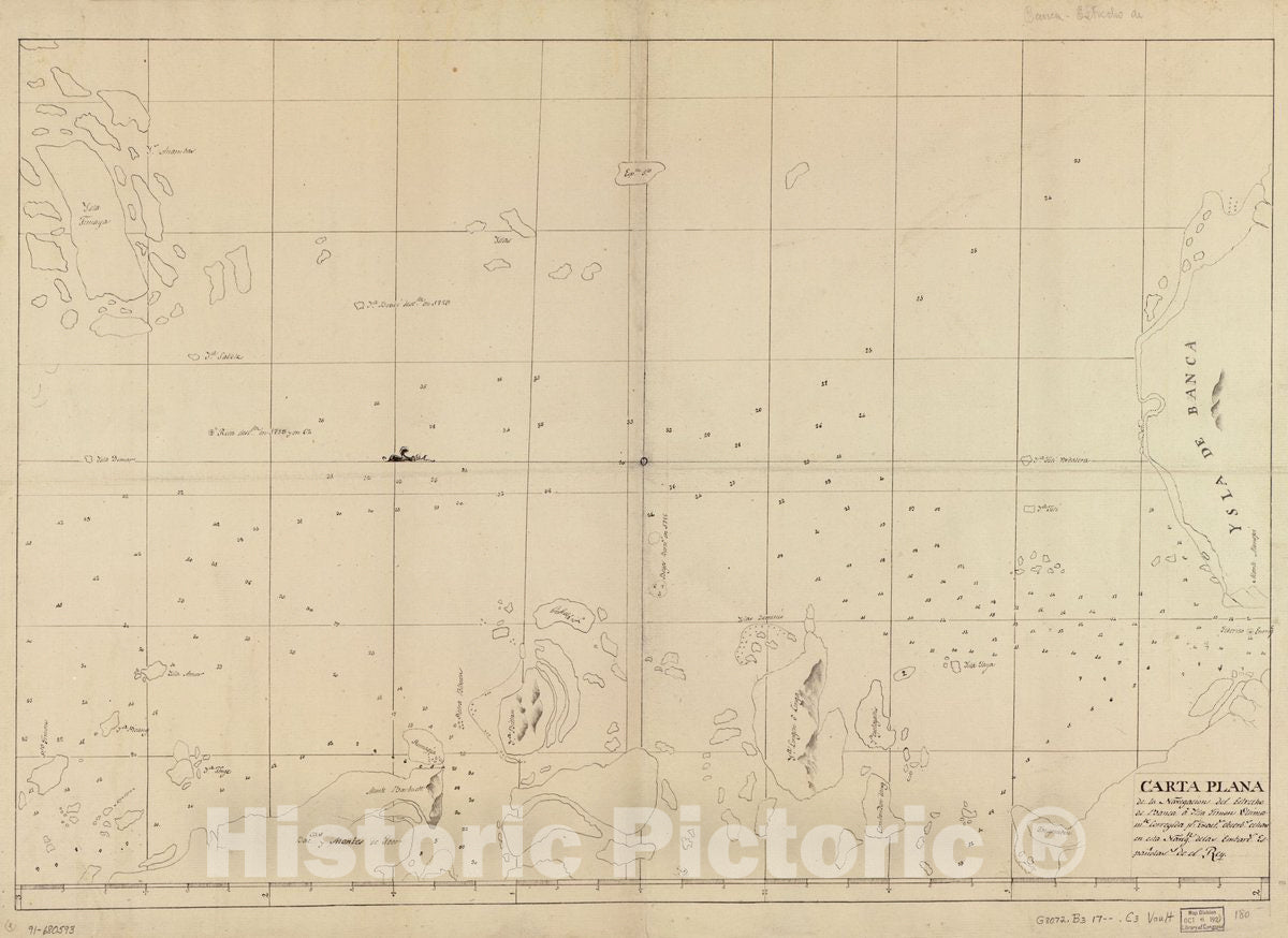 Historic 1700 Map - Carta Plana de la navegaciÃ³n del Estrecho de Banca a Ysla Timon ultimamte. corregida pr. exacts. obserbs. echas en esta navegn. de las embarcs. espaÃ±olas de el Rey.