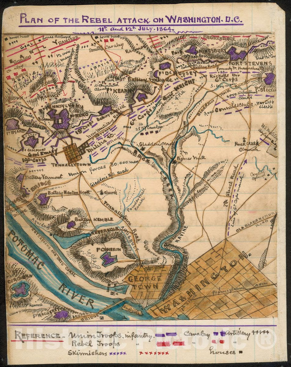 Historic 1864 Map - Plan of The Rebel Attack on Washington, D.C, 11th & 12th July 1864.