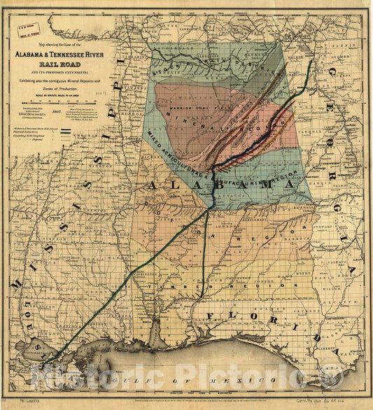 Historic 1867 Map - Map Showing The line of The Alabama & Tennessee River Rail Road and its Proposed Extensions; exhibiting Also The contiguous Mineral deposits and Zone of Production.
