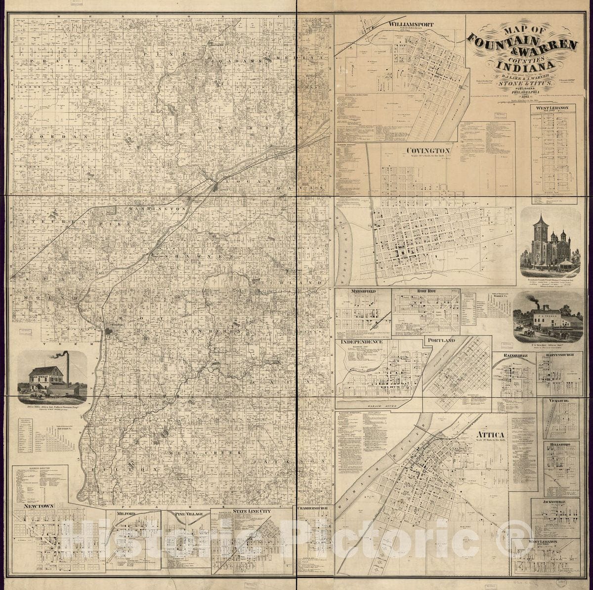 Historic 1865 Map - Map of Fountain & Warren Counties, Indiana