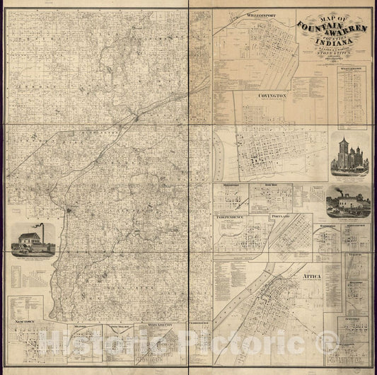 Historic 1865 Map - Map of Fountain & Warren Counties, Indiana