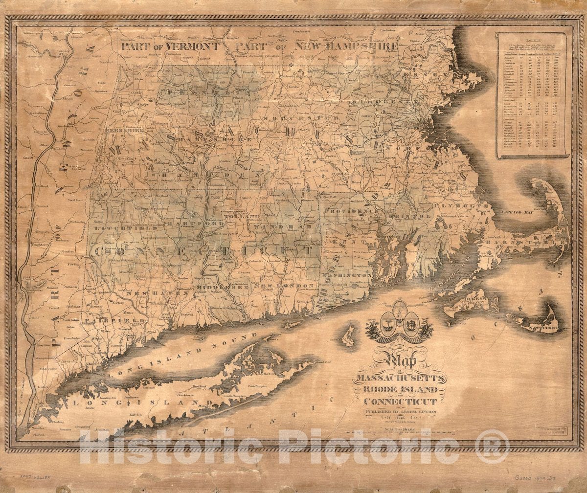 Historic 1840 Map - Map of Massachusetts, Rhode Island, and Connecticut