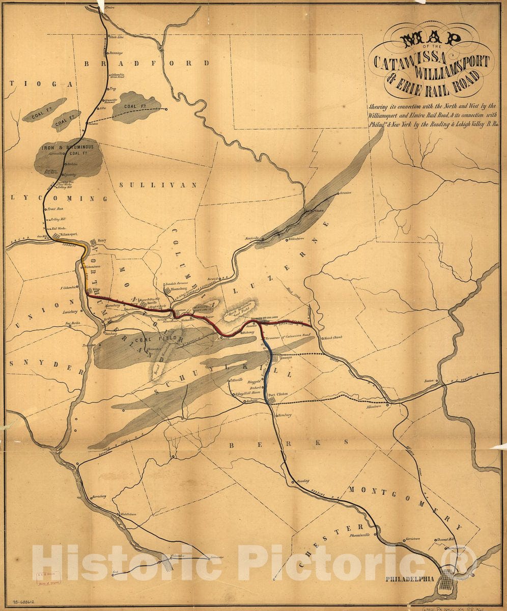 Historic 1856 Map - Map of The Catawissa, Williamsport & Erie Rail Road; Showing its Connection with The North and west by The Williamsport and Elmira Rail Road