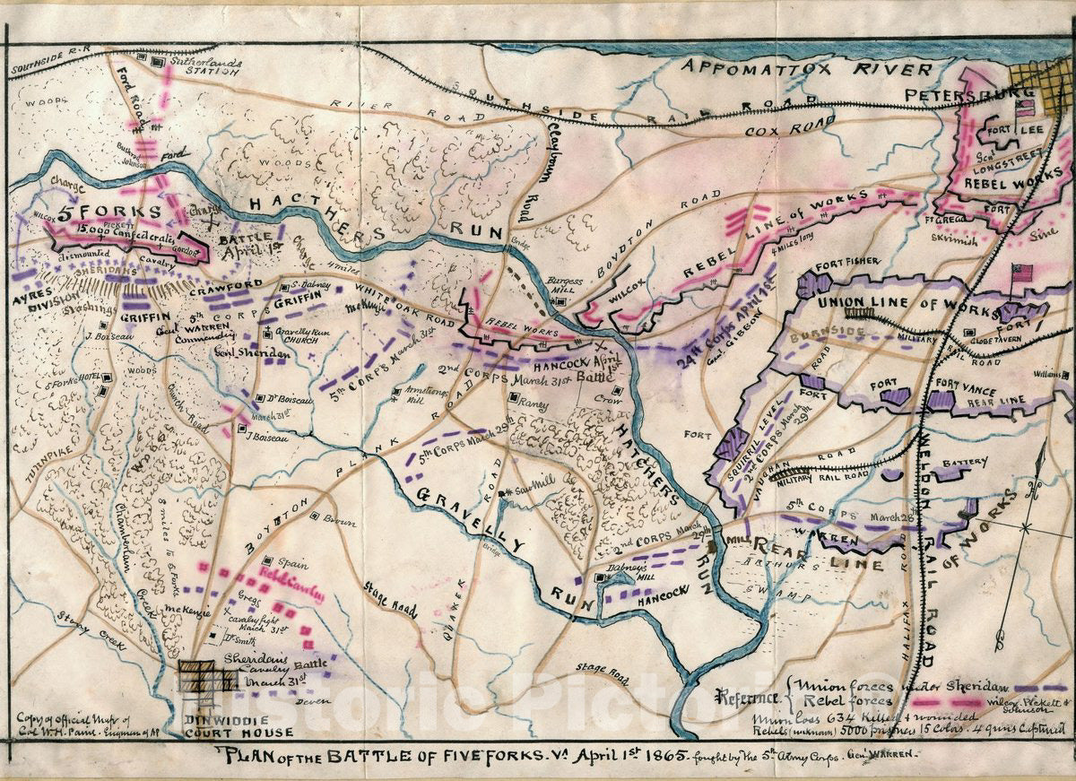 Historic 1865 Map - Plan of The Battle of Five Forks, Va, April 1st 1865 : Fought by 5th Army Corps Genl Warren.
