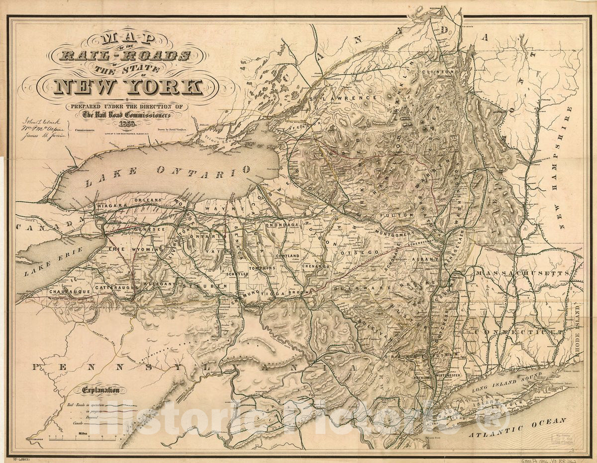 Historic 1856 Map - Map of The Rail-Roads of The State of New York Prepared Under The Direction of The Rail Road Commissioners, John S. Clark, William J. McAlpine, James B. Swain.