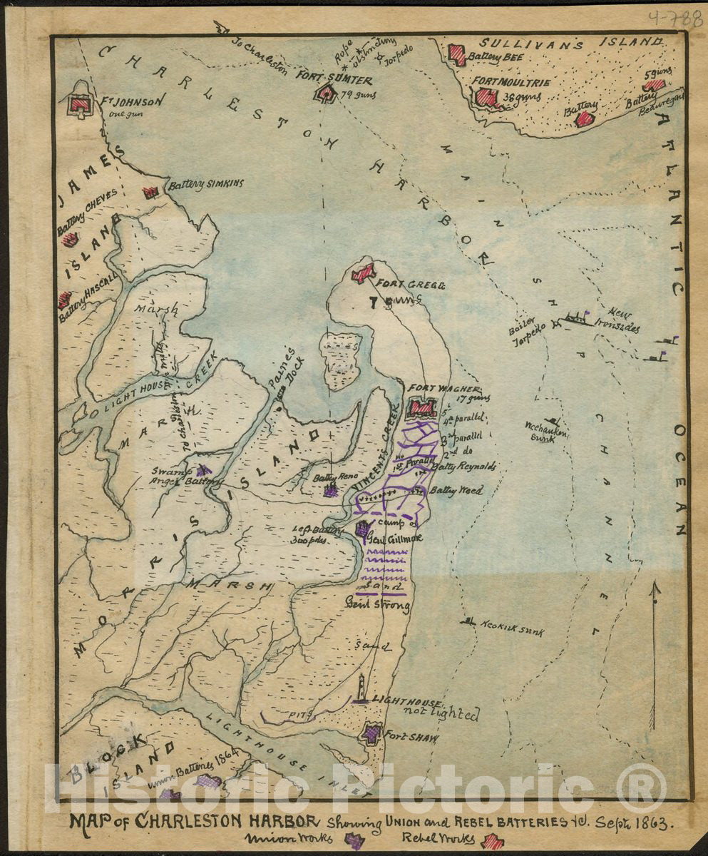 Historic 1863 Map - Map of Charleston Harbor Showing Union and Rebel Batteries Septr. 1863.