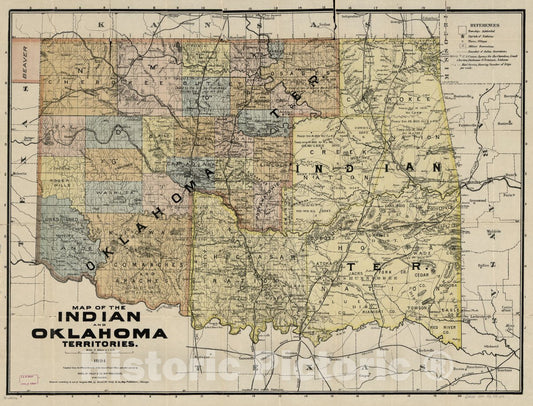 Historic 1894 Map - Map of The Indian and Oklahoma Territories, 1894; compiled from The Official Records of The General Land Office and Other Sources.
