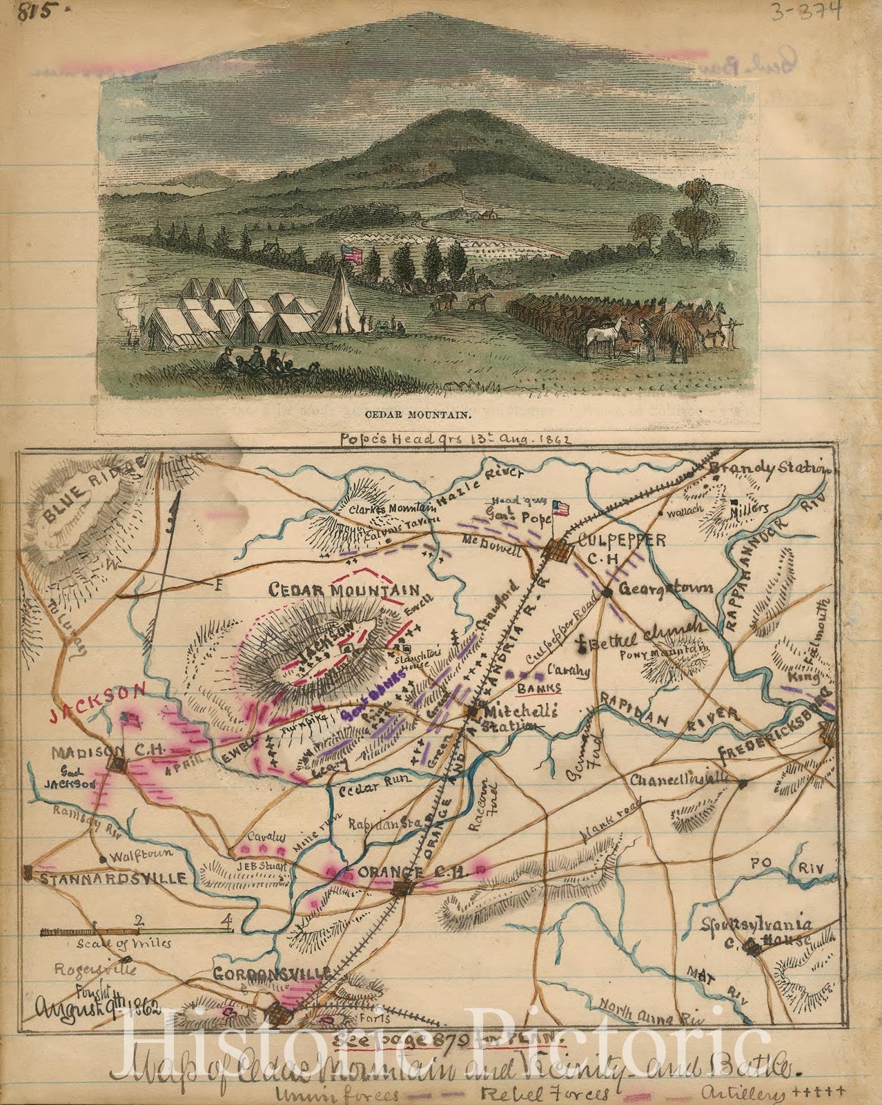 Historic 1862 Map - Map of Cedar Mountain and Vicinity - and Battle.