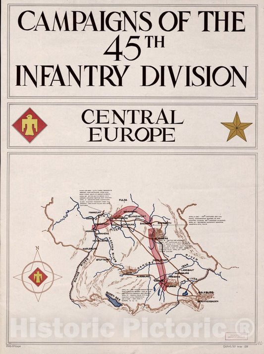 Historic 1945 Map - Campaigns of The 45th Infantry Division : Europe