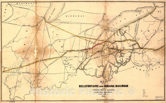 Historic 1852 Map - Map of The Bellefontaine and Indiana Railroad and Connecting Lines.
