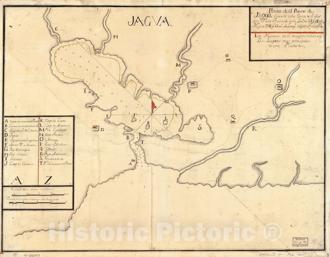 Historic 1700 Map - Plano de el Puerto de Jagua situado en la Costa de el sur de la ya. de la Havana en la latd. DE 21 gs. 51 ms. N. y en 294 gs. 54 ms. de longd. segun Tenerife.
