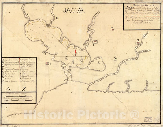 Historic 1700 Map - Plano de el Puerto de Jagua situado en la Costa de el sur de la ya. de la Havana en la latd. DE 21 gs. 51 ms. N. y en 294 gs. 54 ms. de longd. segun Tenerife.