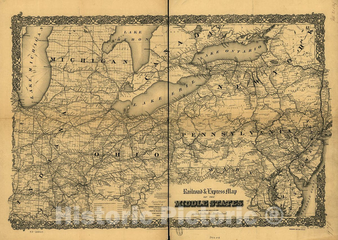 Historic 1867 Map - Railroad & Express map of The Middle States.