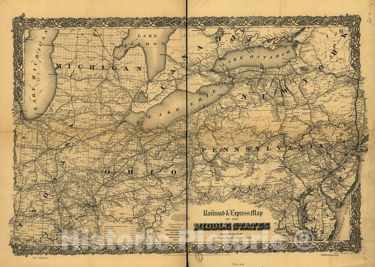 Historic 1867 Map - Railroad & Express map of The Middle States.
