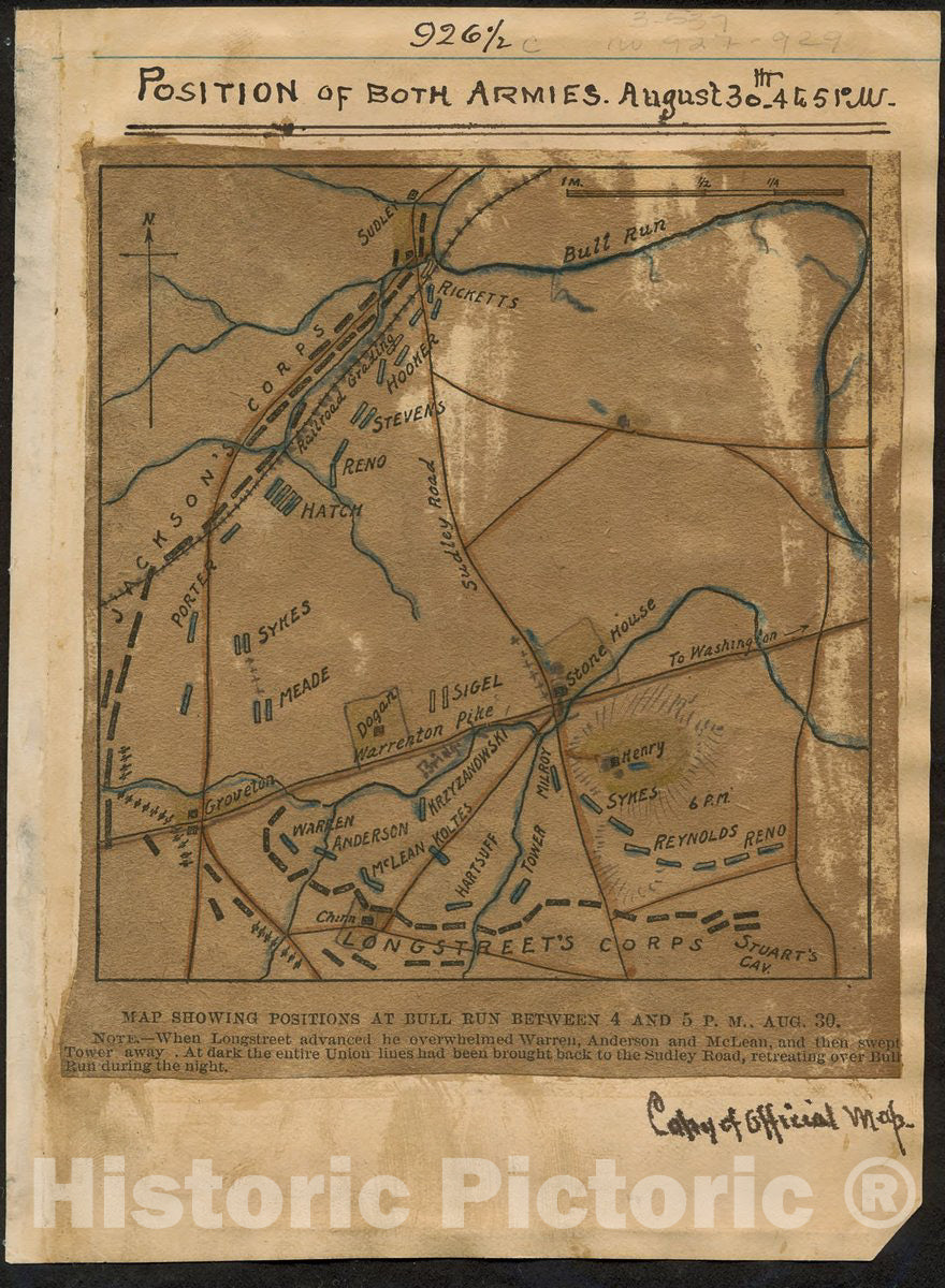 Historic 1862 Map - Position of Both Armies, August 30th - 4 to 5 p.m.