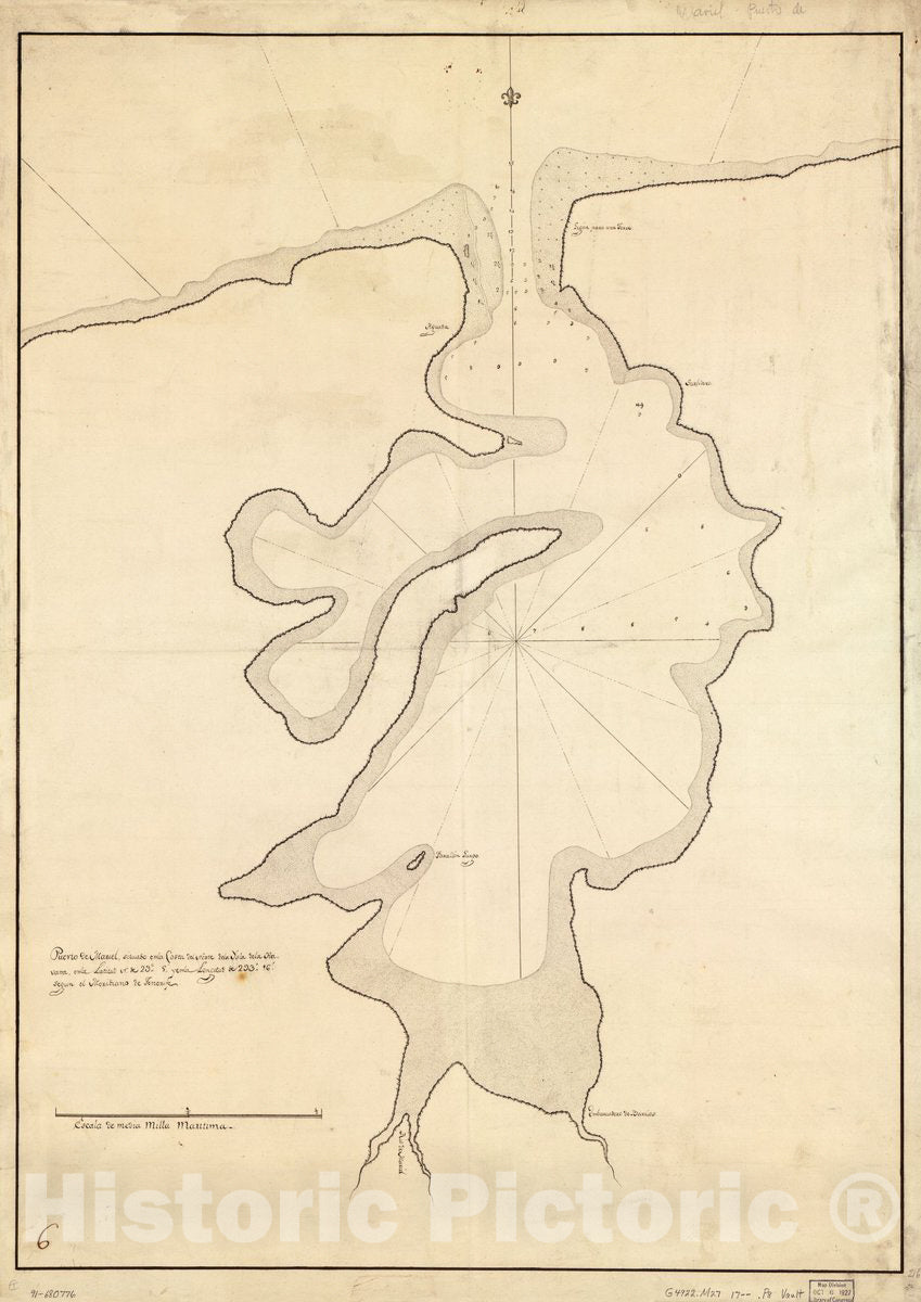 Historic 1700 Map - Puerto de Mariel situado en la Costa del Norte de la ysla de la Havana en la latitud N. DE 235 y en la longitud de 29316, segun el meridiano de Tenerife.