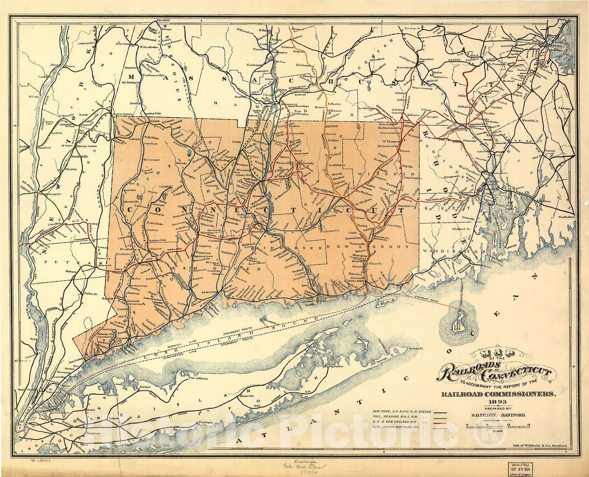 Historic 1893 Map - Map of The Railroads of Connecticut to accompany The Report 1893. Prepared by S. D. Tilden, Hartford.