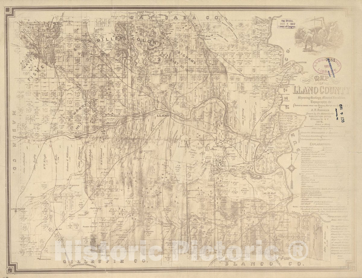 Historic 1875 Map - Map of Llano County : Showing Geology, Mineral localities, Topography, etc.