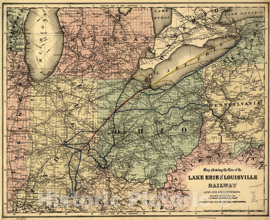 Historic 1872 Map - Map Showing The line of The Lake Erie and Louisville Railway and its Connections.
