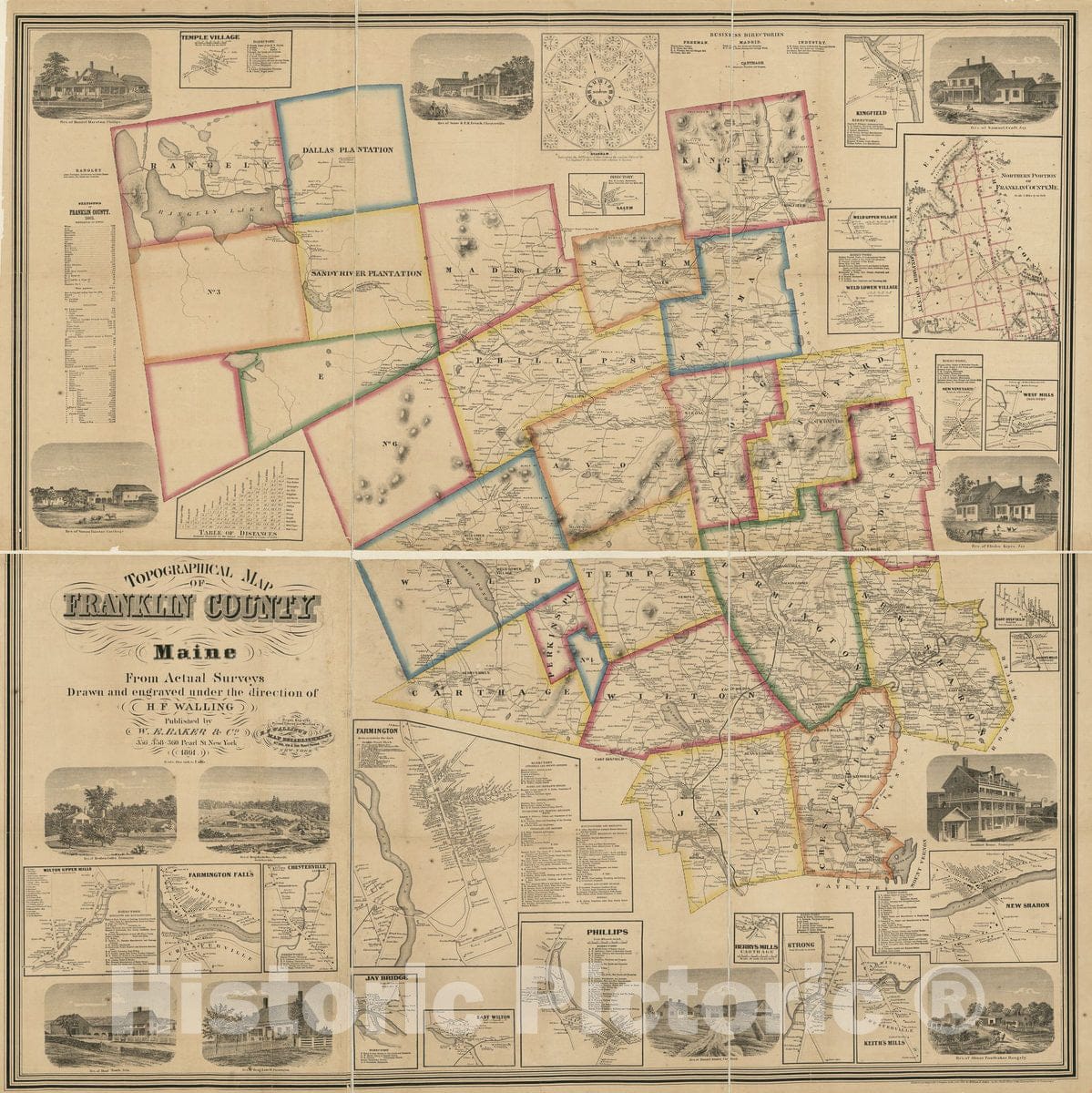Historic 1861 Map - Topographical map of Franklin County, Maine