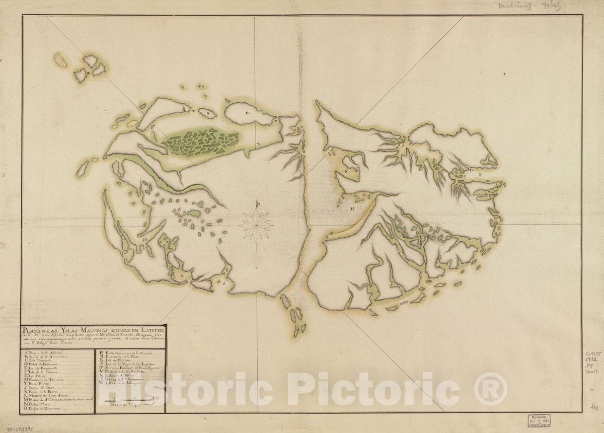 Historic 1792 Map - Plano de las Yslas Malvinas, situado en latitud S. 51 28 y en 319 30 Lamas Leste segun el meridiano de Tenerife