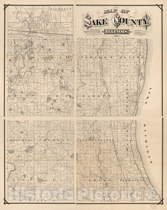 Historic 1873 Map - Map of Lake County, Illinois
