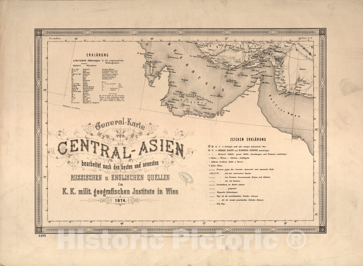Historic 1874 Map - General-Karte von Central-Asien : bearbeitet nach den besten und neusten russischen u. englischen Quellen im K. K. milit. geografischen Institute in Wien 1874