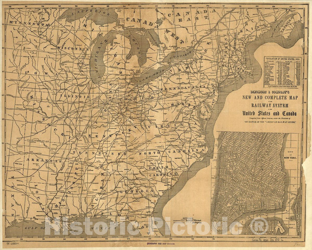 Historic 1850 Map - Dinsmore & Company's New and Complete map of The Railway System of The United States and Canada; compiled from Official Sources, Under The Direction of The Editor