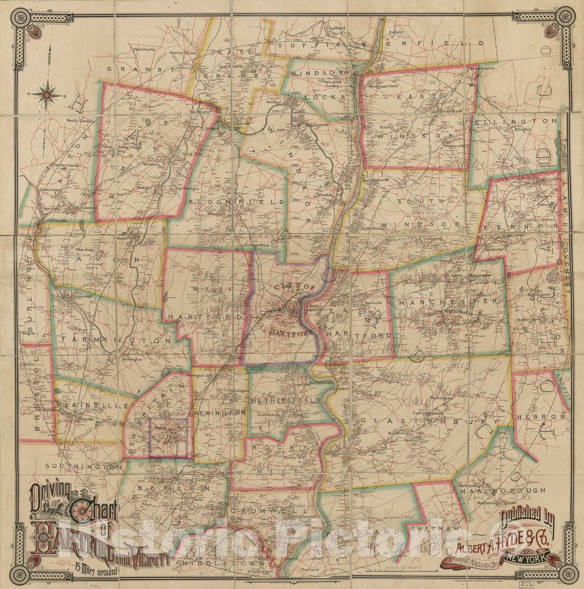 Historic 1884 Map - Driving Chart of Hartford and Vicinity : 15 Miles Around.