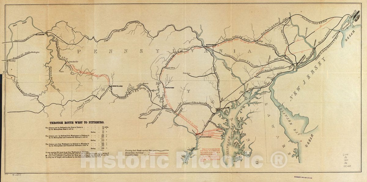 Historic 1853 Map - Through Route west to Pittsburg sic
