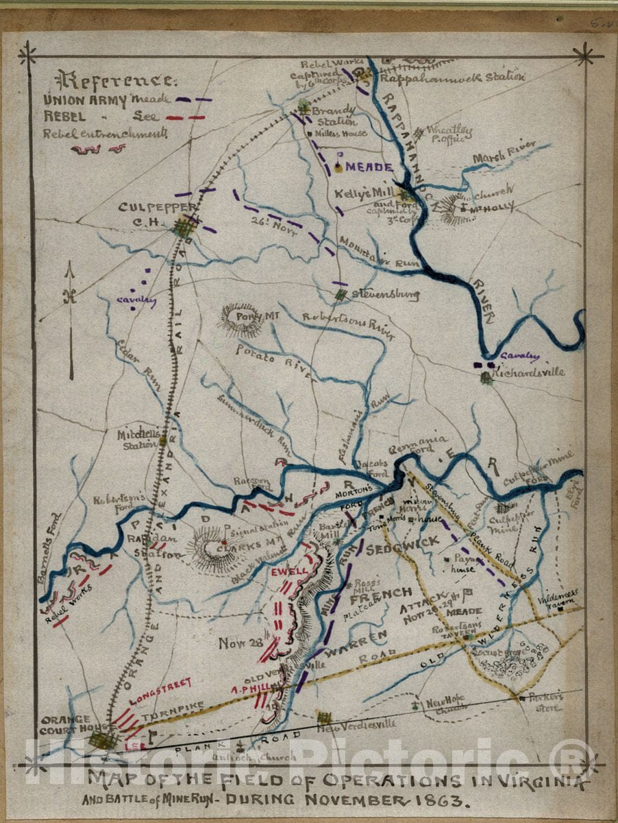 Historic 1863 Map - Map of The Field of Operations in Virginia and Battle of Mine Run, During November 1863.