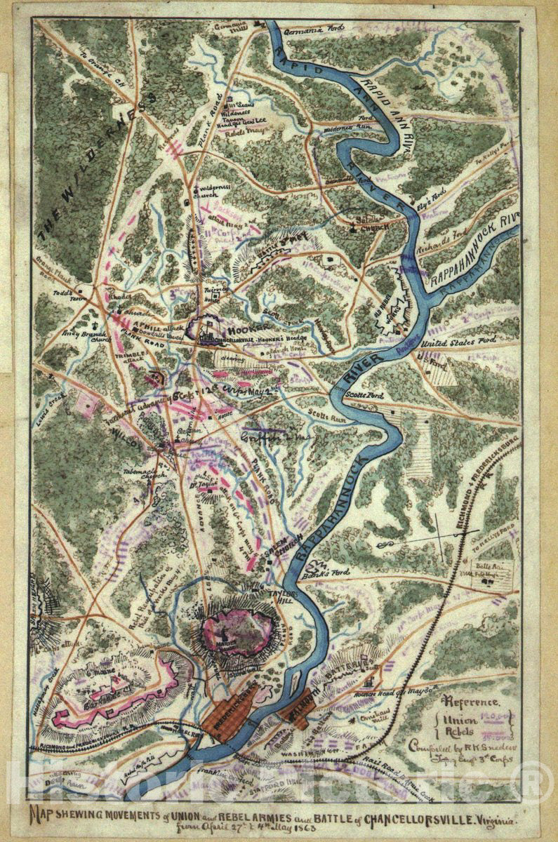 Historic 1863 Map - Map shewing sic Movements of Union and Rebel Armies and Battle of Chancellorsville, Virginia from April 27th to 4th May 1863.