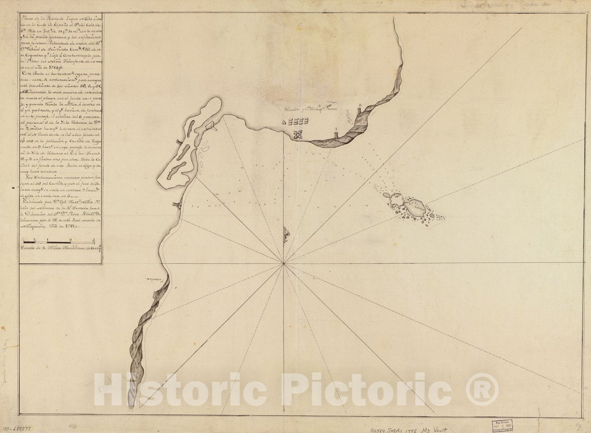Historic 1785 Map - Plano de la rada de Lugan Nuebo situada en la Costa de EspaÃ±a al ote. del Cabo de Sta. Pola en latd. DE 38 gs. 20 ms. con la sonda qe.