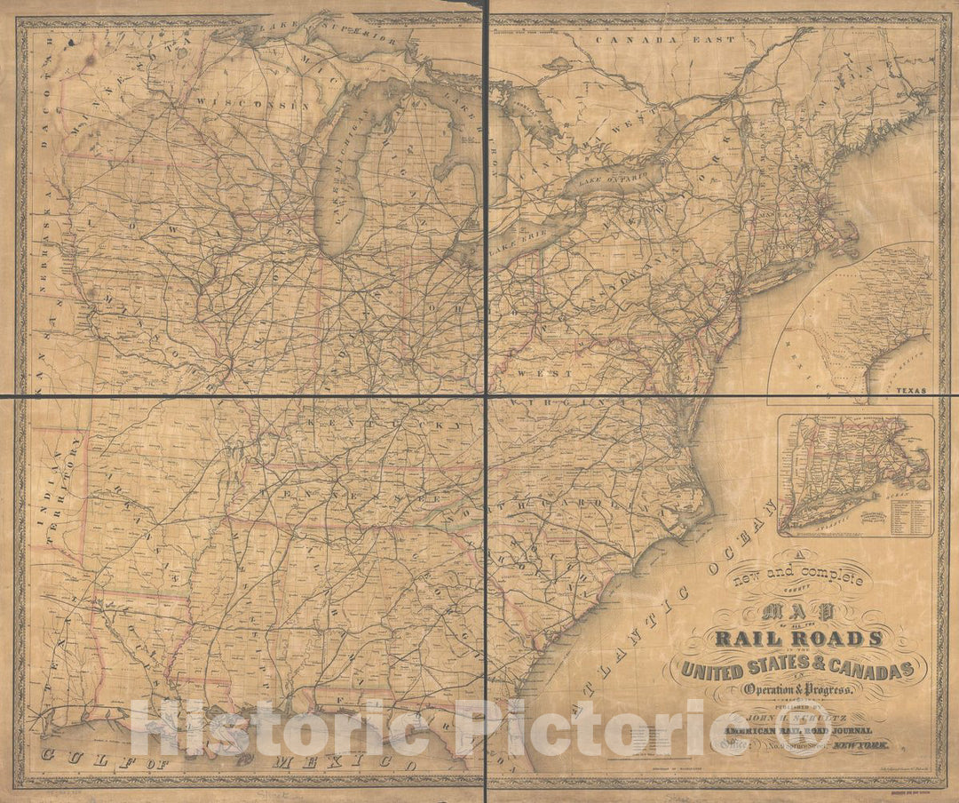 Historic 1857 Map - A New and Complete County map of All The Rail Roads in The United States & Canadas in Operation & Progress.