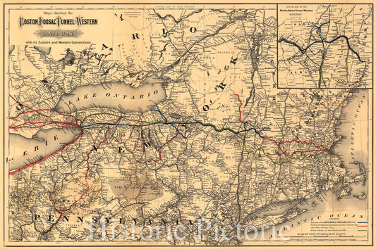 Historic 1881 Map - Maps Showing The Boston Hoosac Tunnel and Western Railway with its Eastern and Western Connections.