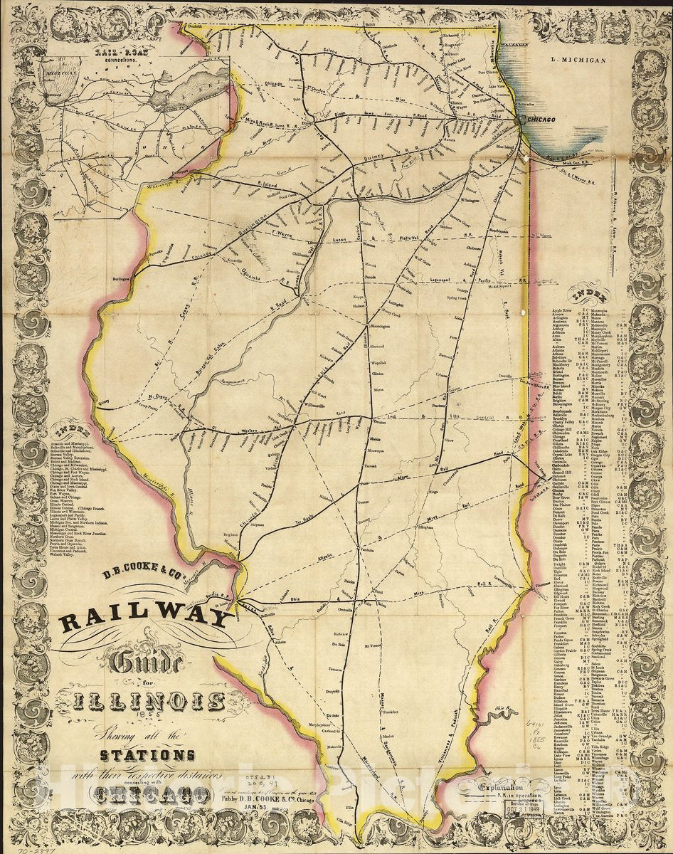 Historic 1855 Map - D.B. Cooke & Co's Railway Guide for Illinois shewing All The Stations with Their respective Distances Connecting with Chicago.