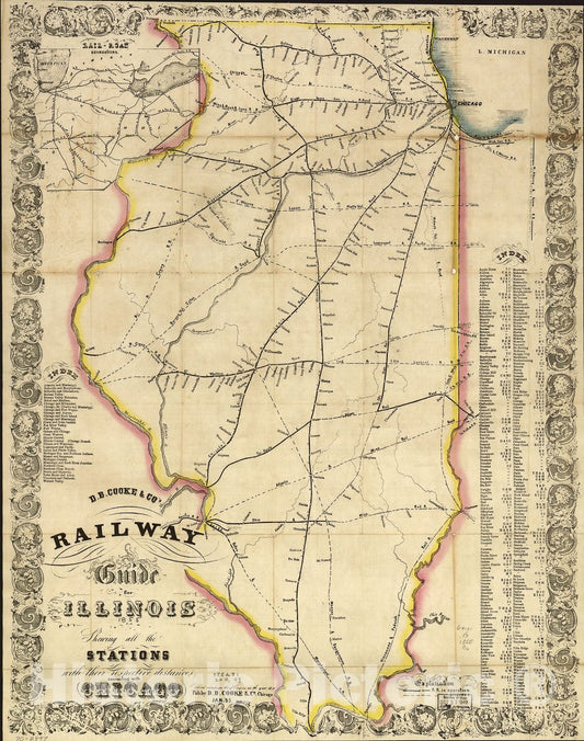 Historic 1855 Map - D.B. Cooke & Co's Railway Guide for Illinois shewing All The Stations with Their respective Distances Connecting with Chicago.
