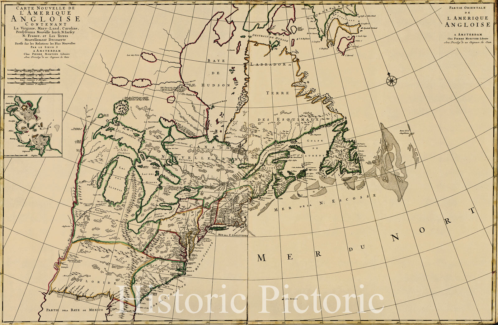 Historic 1700 Map - Carte Nouvelle de l'AmÃ©rique Angloise, contenant la Virginie, Mary-Land, Caroline, Pensylvania, Nouvelle Iorck, N:Iarsey, N. France