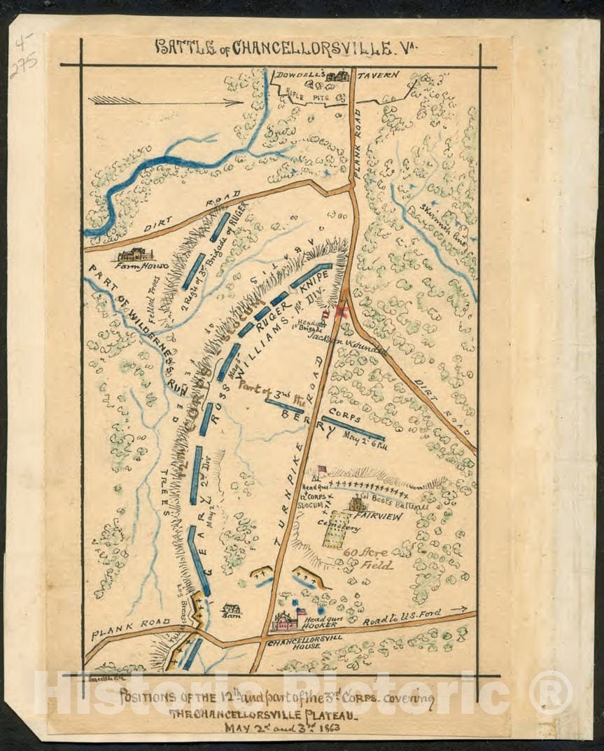 Historic 1863 Map - Battle of Chancellorsville, Va. Position of The 12th and Part of The 3rd Corps Covering Chancellorsville Plateau May 2nd and 3rd 1863.