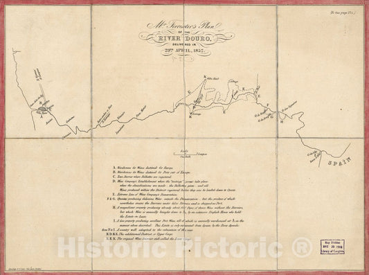 Historic 1852 Map - Mr. Forrester's Plan of The River Douro, Delivered in 29th April, 1852.