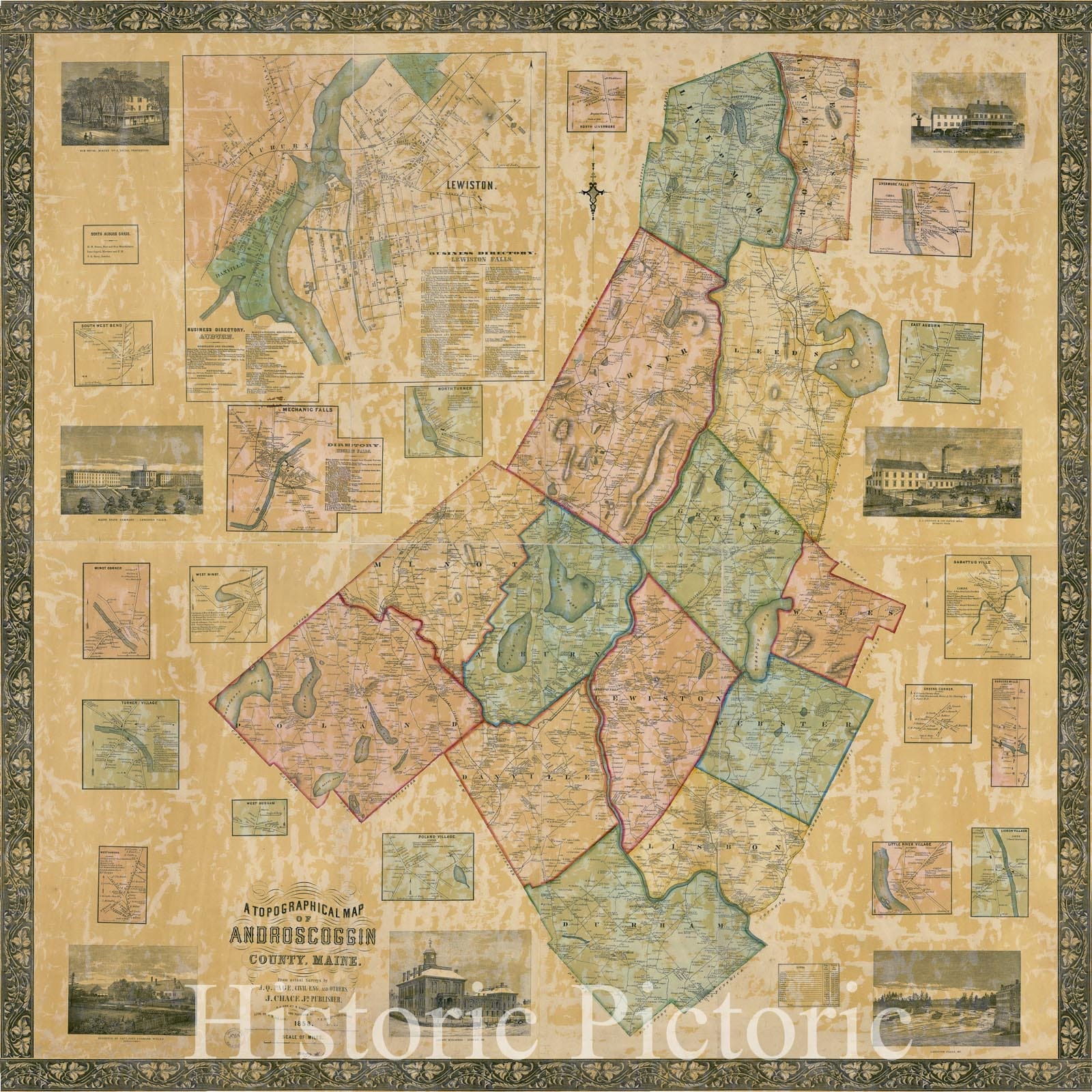 Historic 1858 Map - A Topographical map of Androscoggin County, Maine