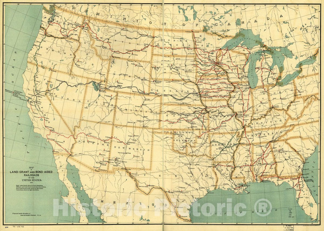 Historic 1892 Map - Map of Land-Grant and Bond-aided Railroads of The United States.