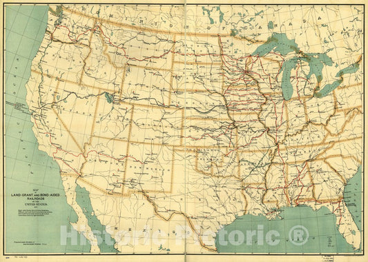 Historic 1892 Map - Map of Land-Grant and Bond-aided Railroads of The United States.