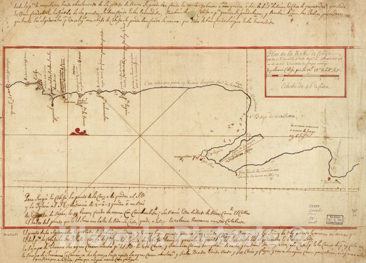 Historic 1700 Map - Plan de la Rade de Cobija par les 22 d. 27. m. S. et de la Baye de Mexillones qui en est au sud la Variation du Compas corrigÃ©.