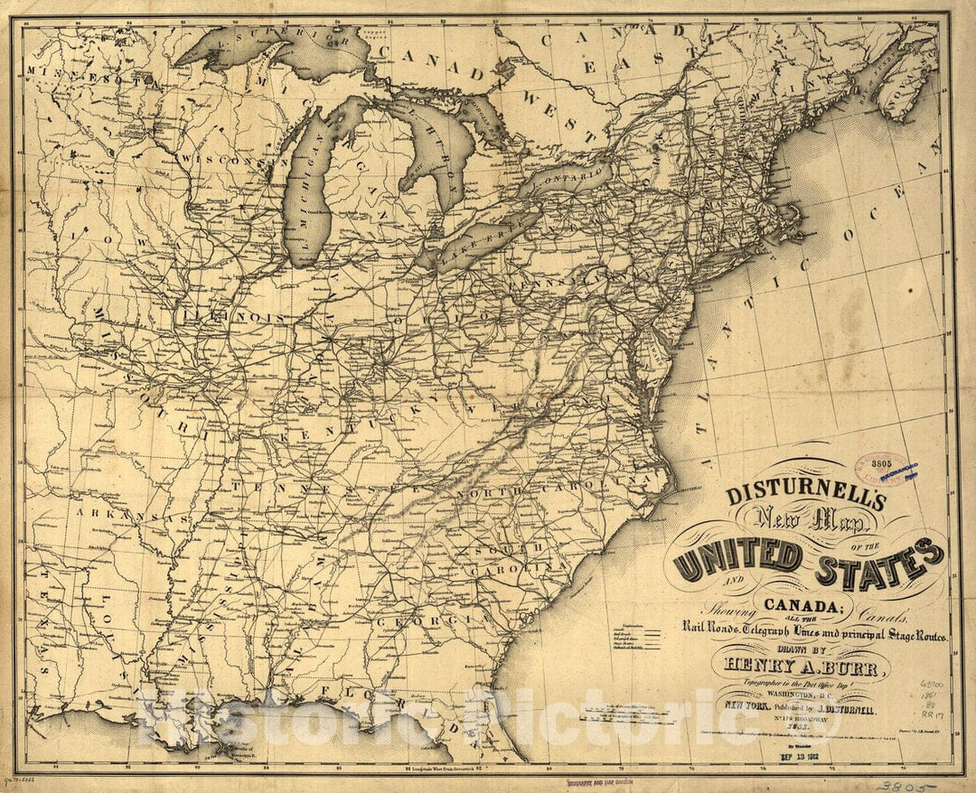 Historic 1851 Map - Disturnell's New map of The United States and Canada Showing All The canals, Rail Roads, Telegraph Lines and Principal Stage Routes.