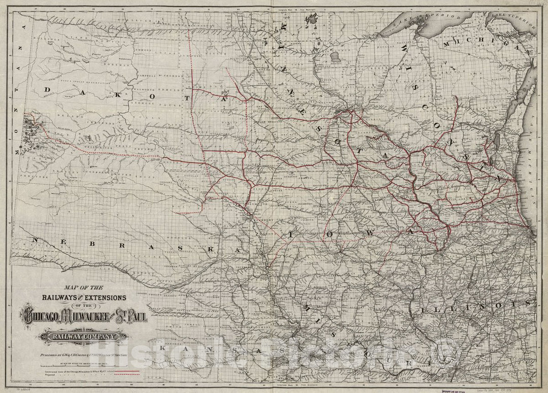 Historic 1881 Map - Map of The Railroads and Extensions of The Chicago, Milwaukee, and St. Paul Railway Company.