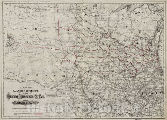 Historic 1881 Map - Map of The Railroads and Extensions of The Chicago, Milwaukee, and St. Paul Railway Company.